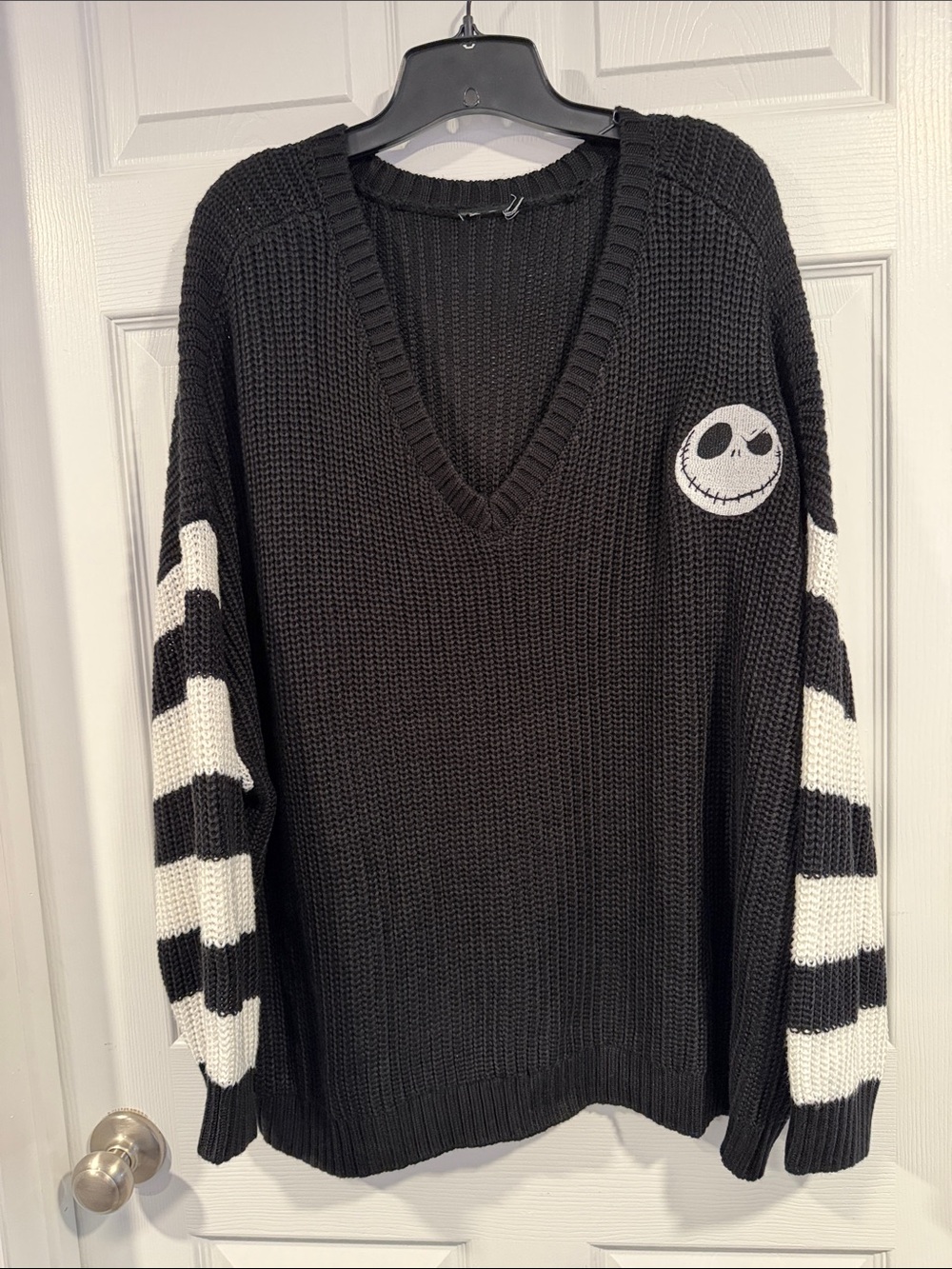 Jack Skellington V-Neck Knit Sweater with Striped Sleeves